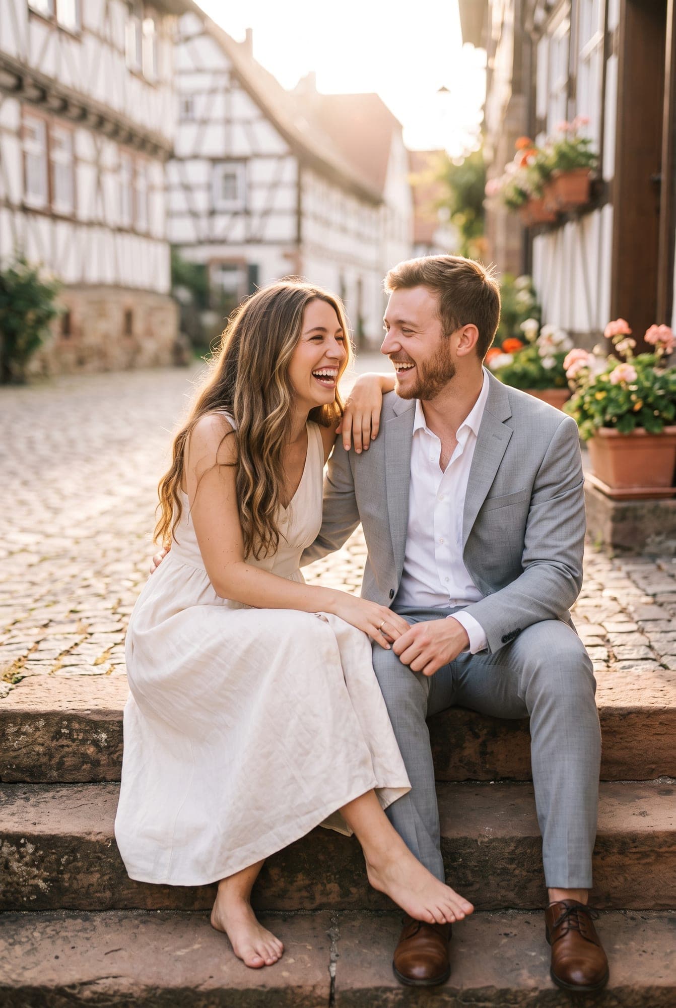 Lena und Jonas lachen auf einer Steintreppe in der Altstadt