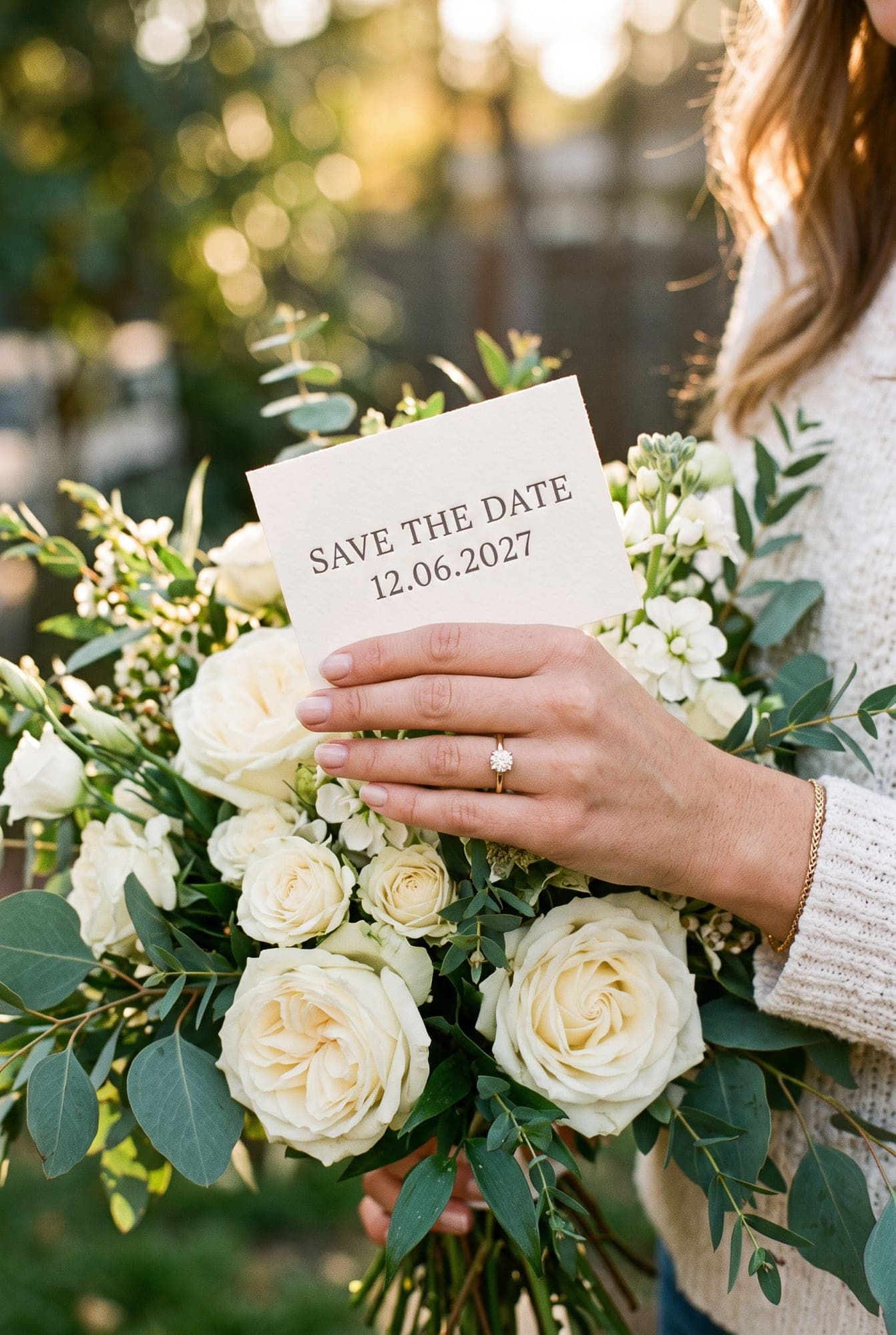 Save-the-Date-Karte mit dem 12.06.2027 vor einem Strauß weißer Rosen