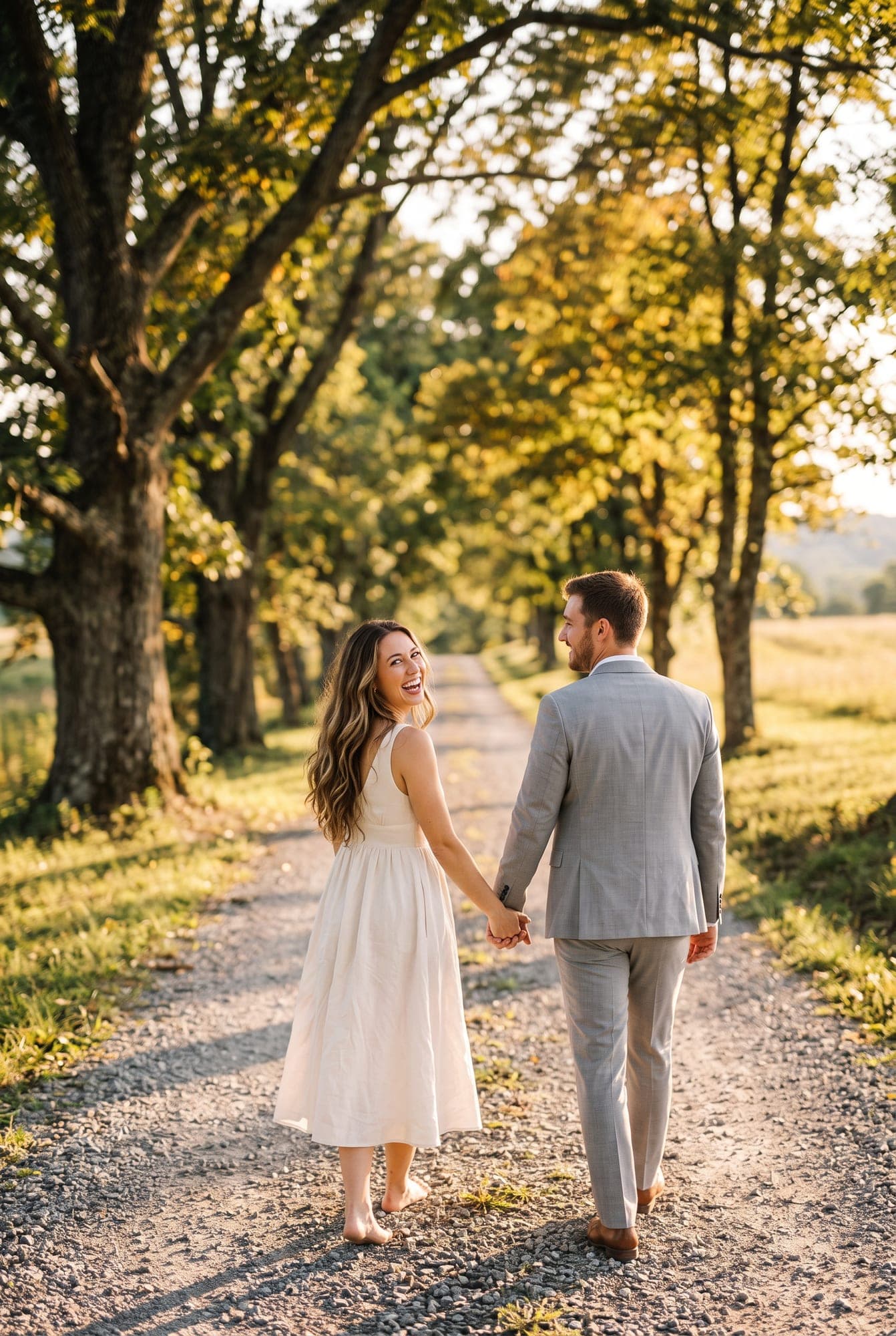 Hand in Hand auf einem Feldweg unter Bäumen