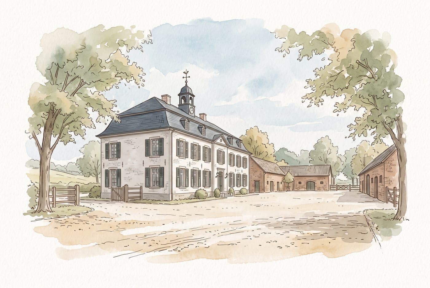 Aquarell des Herrenhauses von Gut Lindenhof mit Linden im Hof