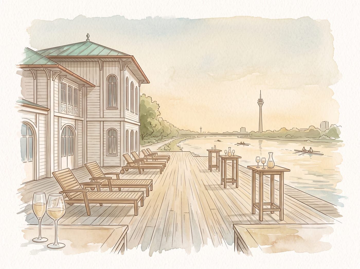 Aquarell des Stegs mit Liegestühlen und Stehtischen am Rhein