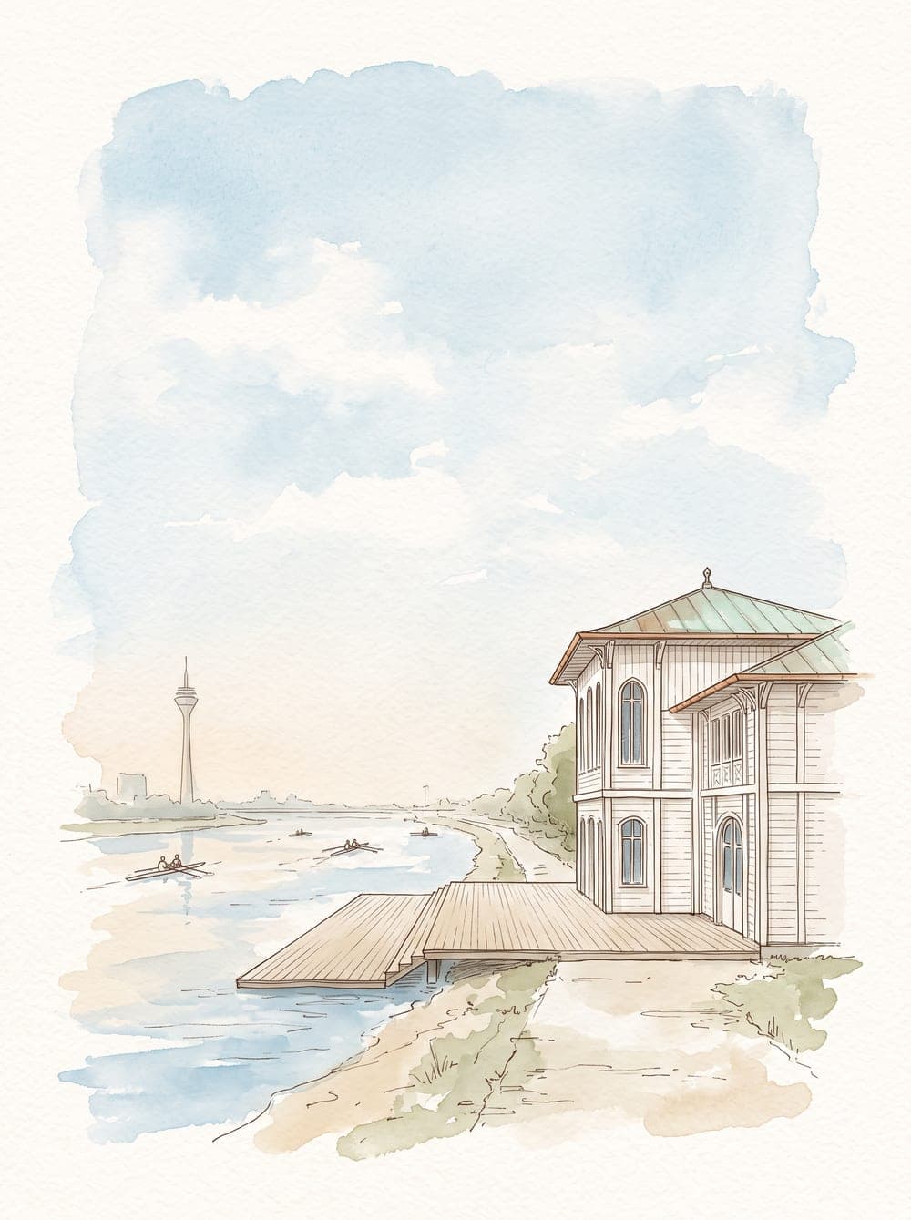 Aquarell des Bootshauses am Rhein mit Blick auf den Rheinturm