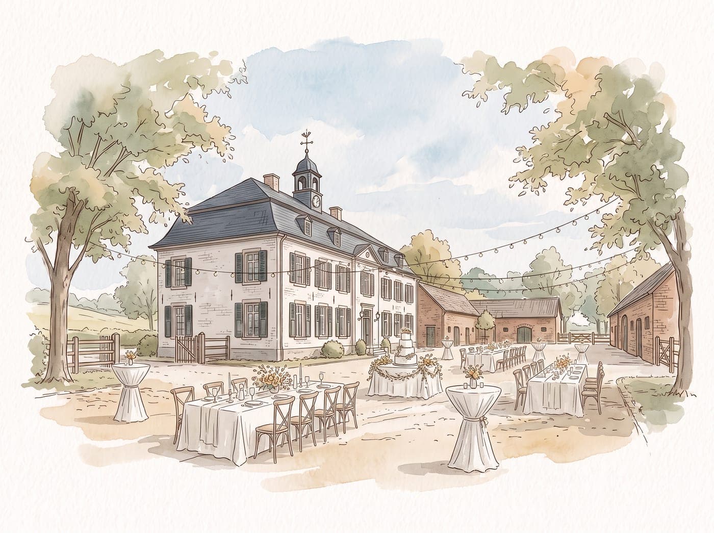 Aquarell des Hofs mit gedeckten Tischen und Hochzeitstorte