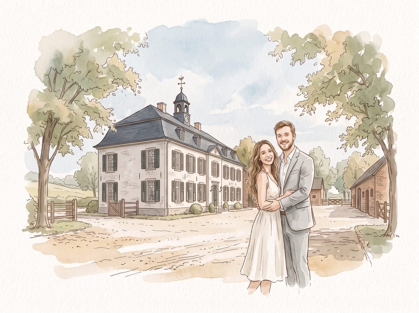 Lena und Jonas als Aquarell im Hof von Gut Lindenhof