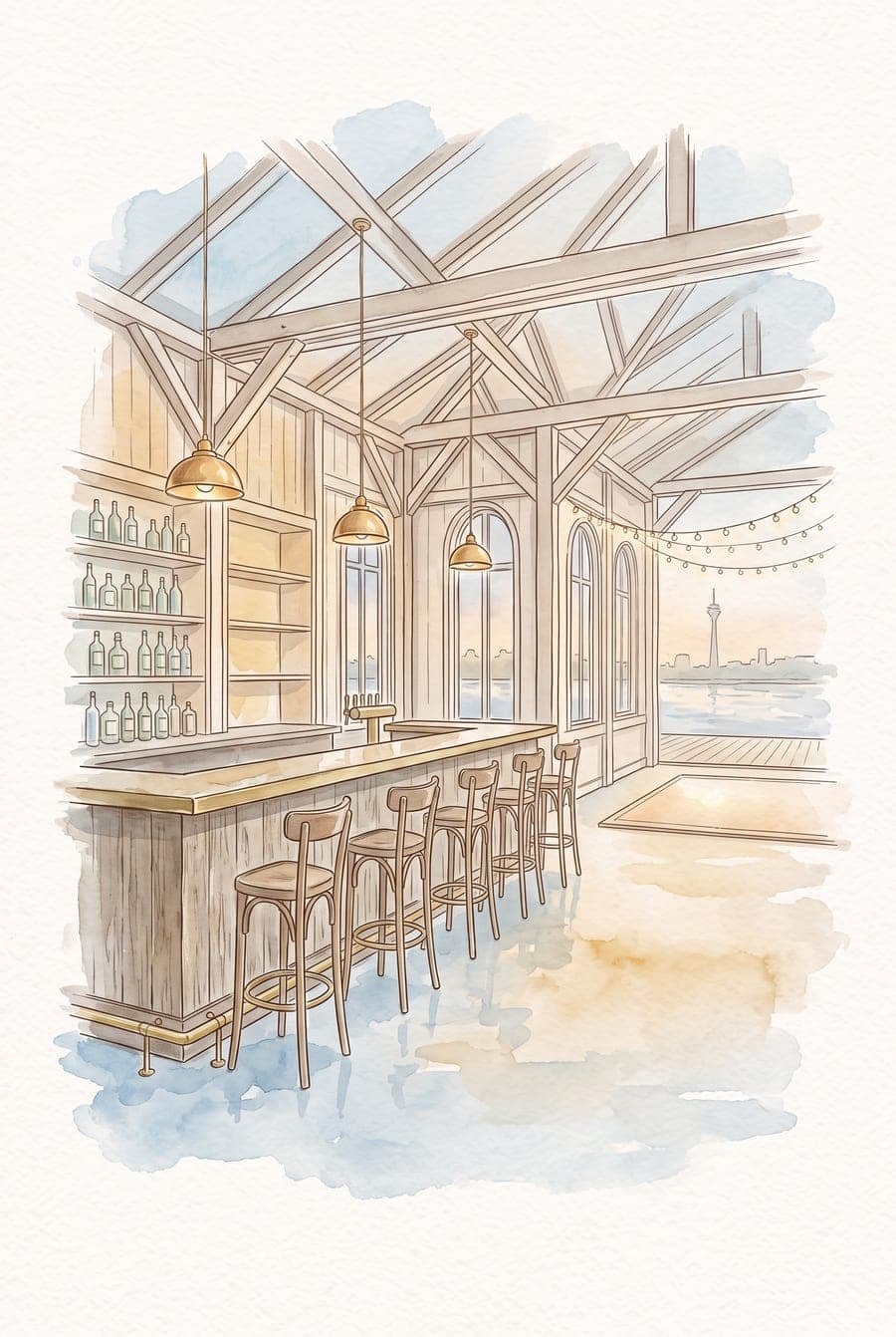 Aquarell der Bar mit Messinglampen und Tanzfläche